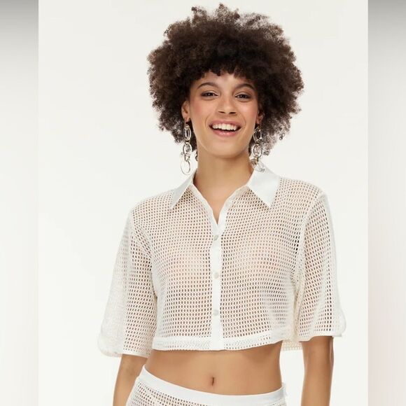 NWT 196.00 MY BEACHY SIDE CAMILA CROP SIZE MEDIUM WHITE/ SATIN TRIM - Picture 2 of 3